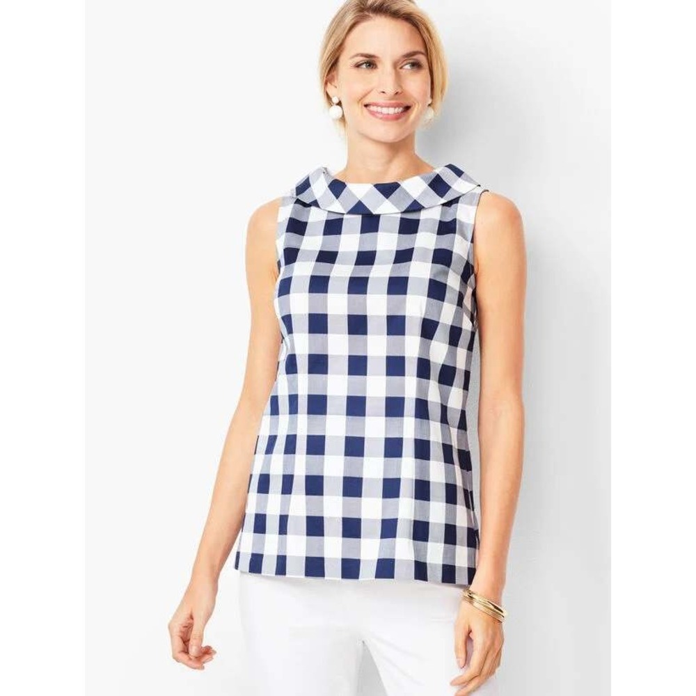 Talbots Audrey Neck Navy Gingham Button Back Sleeveless Top Size 8P Preppy Twee